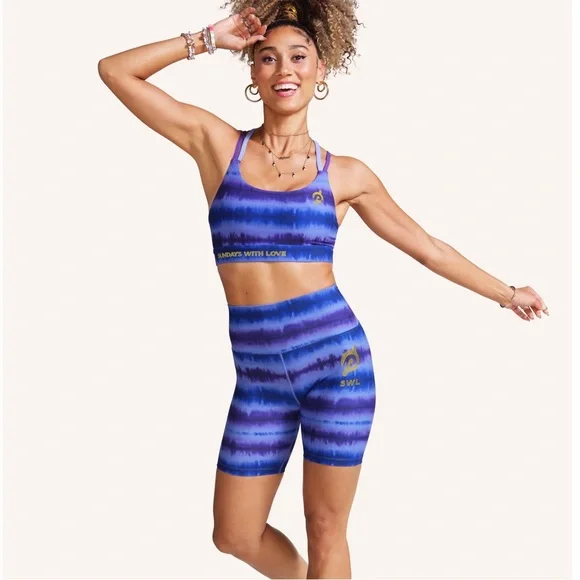 Peloton SWL Ally Love Purple Tie Die Stripe Cadent Strappy Bra & 7” Bike Short